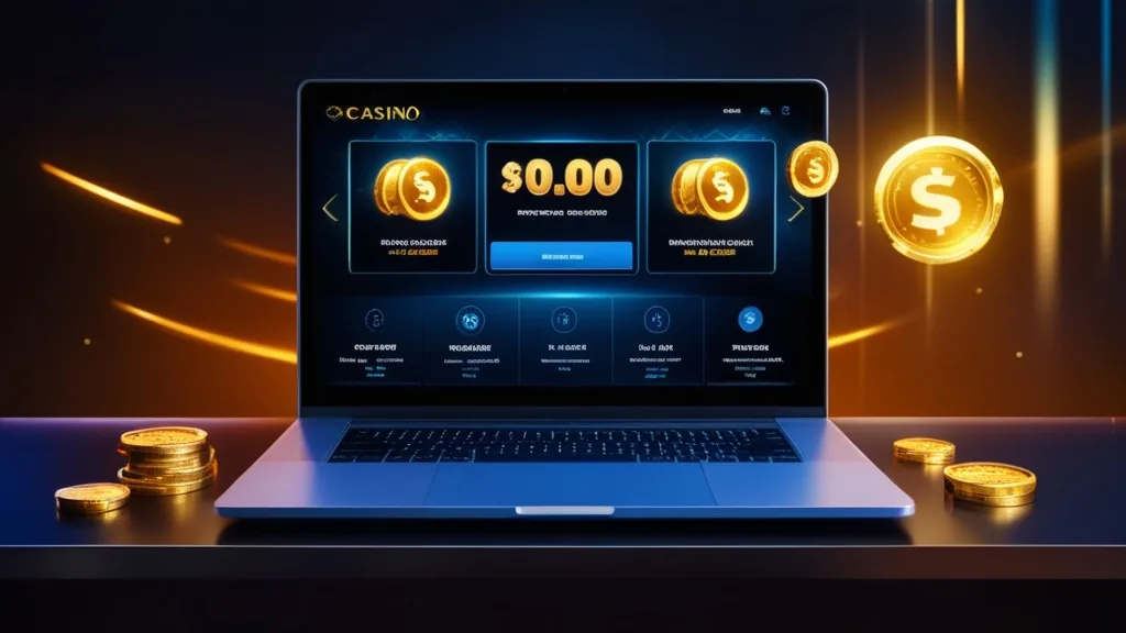 Goldene Bonuskarte mit Codefeld und Chips in dunkler Casino-Atmosphäre