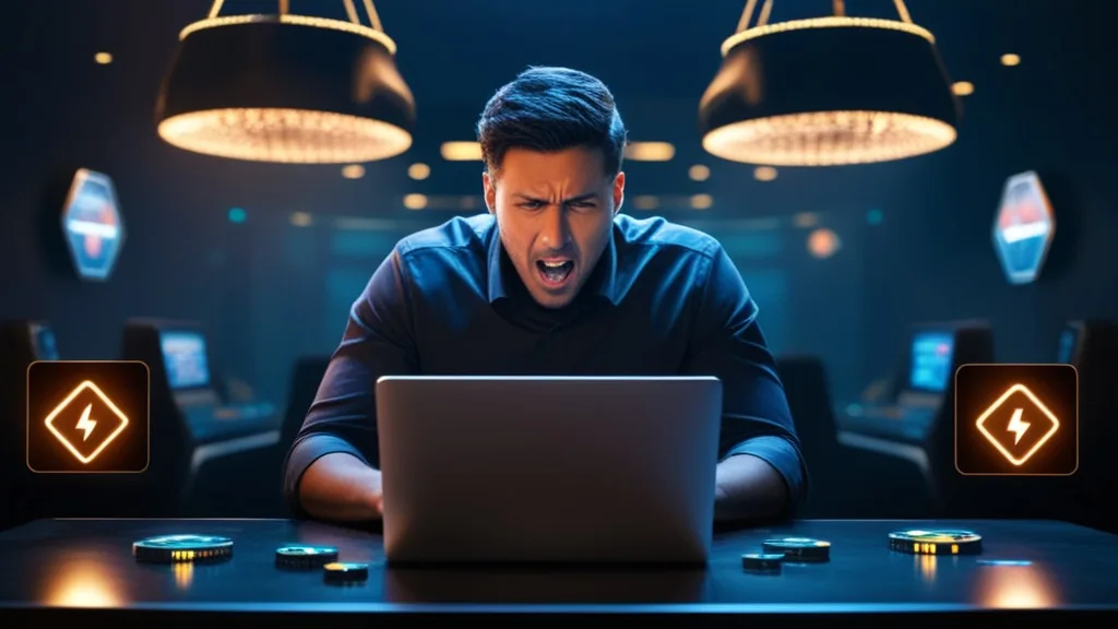 Laptop mit Login-Fehlern und dunkler Casino-Atmosphäre