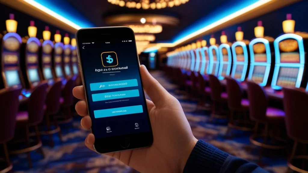 Smartphone mit App-Download im dunklen Casino