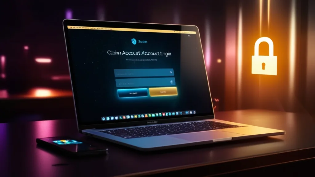 Login am Laptop mit dunkler Casino-Atmosphäre und Sicherheits-Symbol