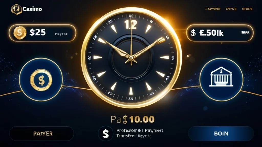 Uhr und Auszahlungstafel mit Bank- und Transfer-Symbolen im Casino